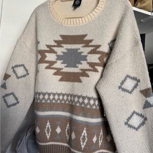 Bobeau Cream and Brown Patterned Sweater